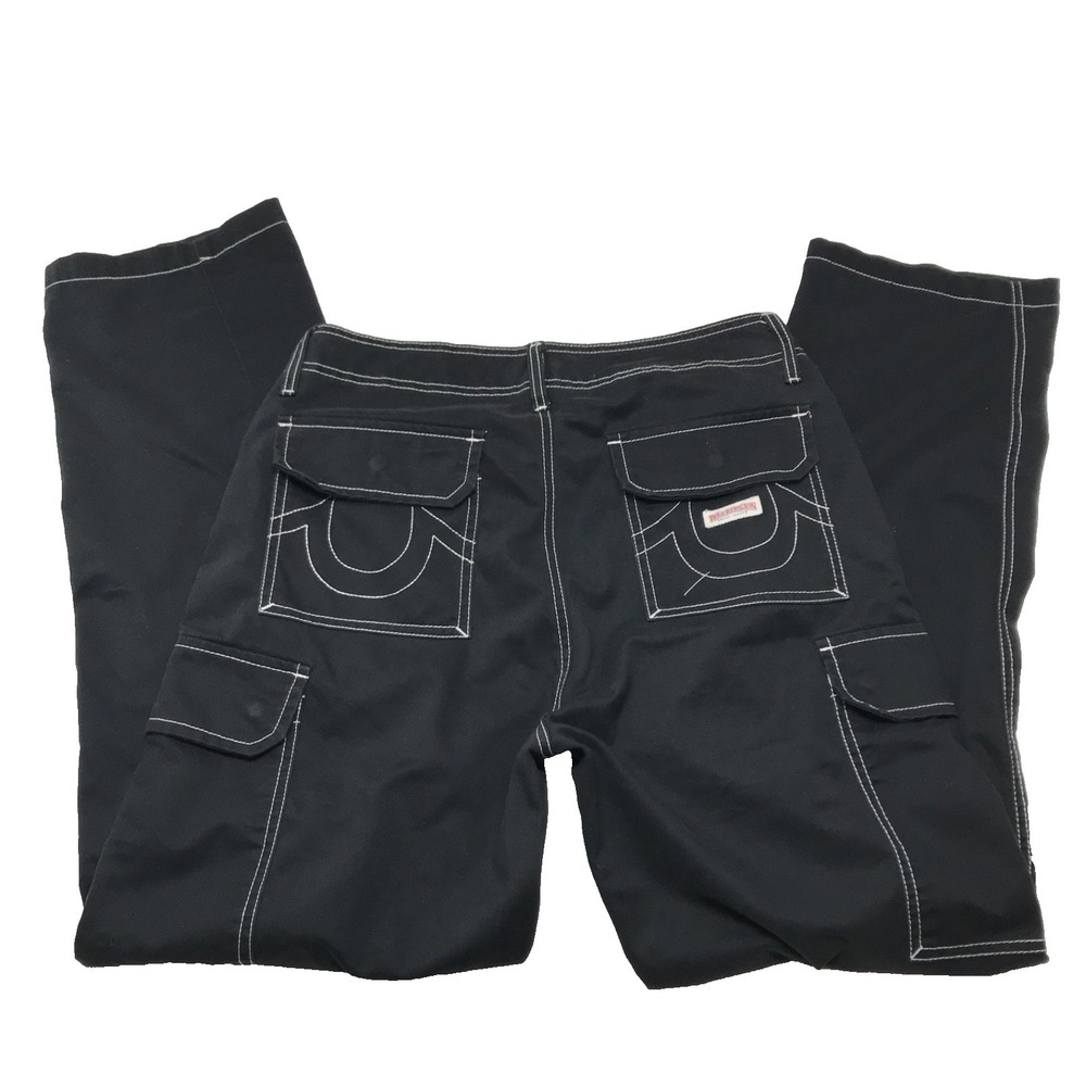 True Religion Brand Jeans Cargo Pants Black Men Size 30X31 White Stitch Skater